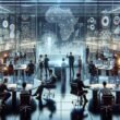 Dynamisches Büro mit diverser Gruppe von Fachleuten, die an digitalen Touchscreens, holografischen AI-Modellen und digitalen Displays arbeiten, um strategische Innovation und Automatisierung zu fördern.