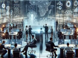 Dynamisches Büro mit diverser Gruppe von Fachleuten, die an digitalen Touchscreens, holografischen AI-Modellen und digitalen Displays arbeiten, um strategische Innovation und Automatisierung zu fördern.