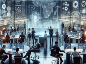 Dynamisches Büro mit diverser Gruppe von Fachleuten, die an digitalen Touchscreens, holografischen AI-Modellen und digitalen Displays arbeiten, um strategische Innovation und Automatisierung zu fördern.