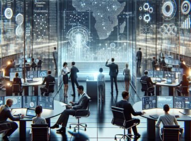 Dynamisches Büro mit diverser Gruppe von Fachleuten, die an digitalen Touchscreens, holografischen AI-Modellen und digitalen Displays arbeiten, um strategische Innovation und Automatisierung zu fördern.