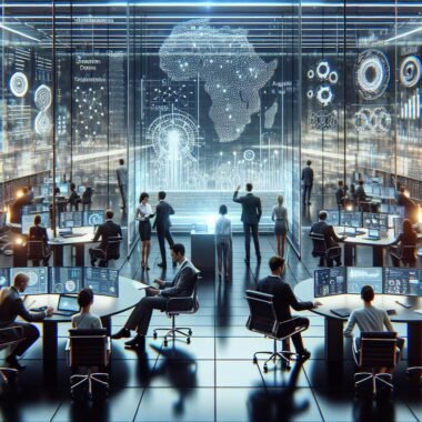 Dynamisches Büro mit diverser Gruppe von Fachleuten, die an digitalen Touchscreens, holografischen AI-Modellen und digitalen Displays arbeiten, um strategische Innovation und Automatisierung zu fördern.