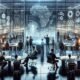 Dynamisches Büro mit diverser Gruppe von Fachleuten, die an digitalen Touchscreens, holografischen AI-Modellen und digitalen Displays arbeiten, um strategische Innovation und Automatisierung zu fördern.