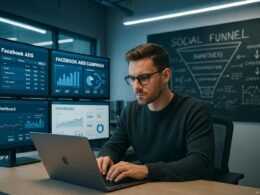 Modernes Büro mit mehreren Bildschirmen, Facebook-Werbekampagnen und Dashboard-Analysen, im Vordergrund ein konzentrierter Marketing-Experte, im Hintergrund Skizzen und Diagramme zum Social Funnel, helle LED-Beleuchtung, minimalistisches Design, Credit: 404 Magazine (Tobias Hager)