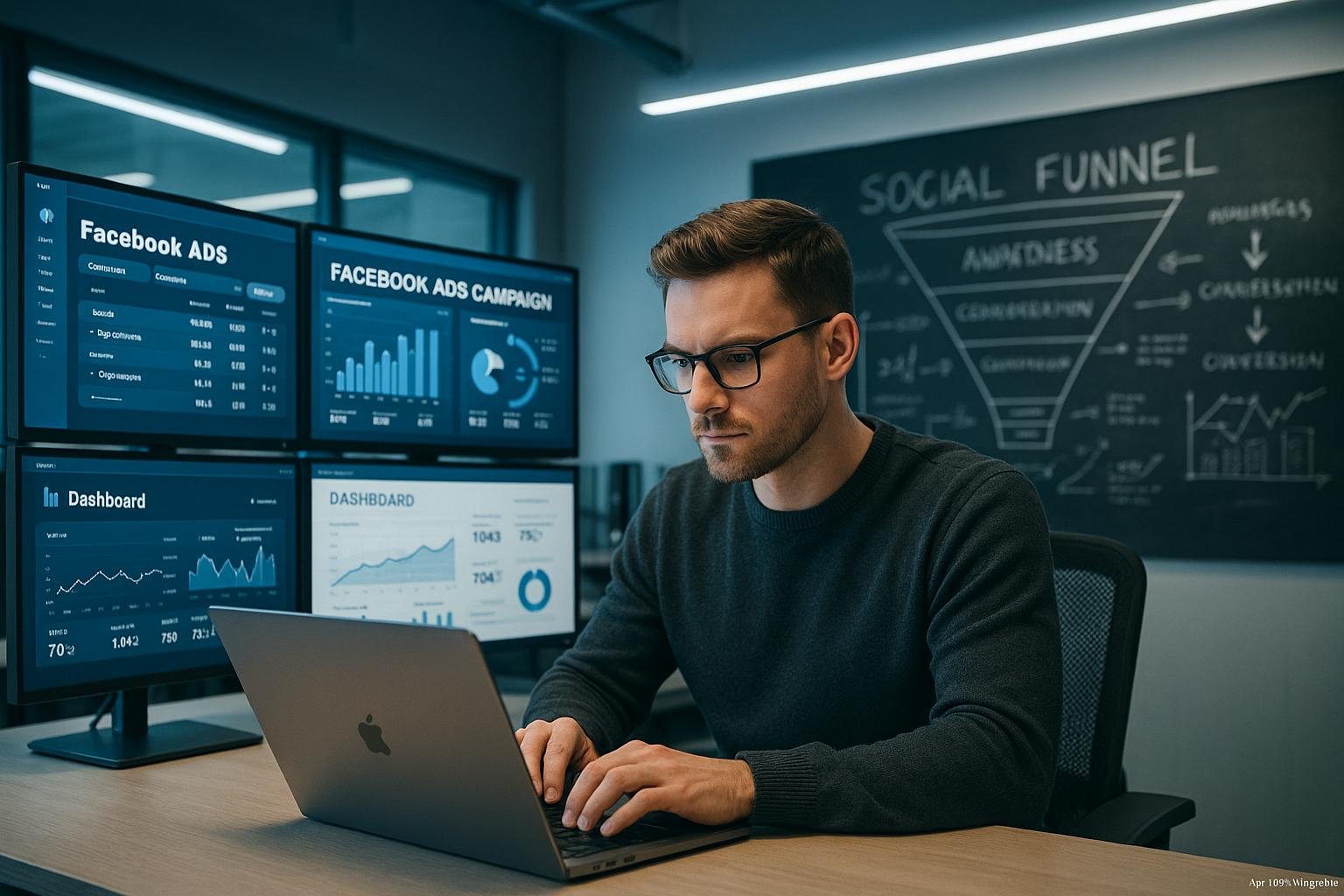 Modernes Büro mit mehreren Bildschirmen, Facebook-Werbekampagnen und Dashboard-Analysen, im Vordergrund ein konzentrierter Marketing-Experte, im Hintergrund Skizzen und Diagramme zum Social Funnel, helle LED-Beleuchtung, minimalistisches Design, Credit: 404 Magazine (Tobias Hager)