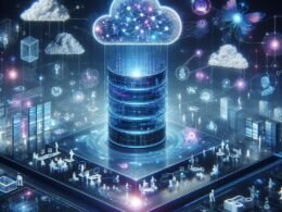 Futuristischer Sprachmodell-Server schwebt in Cloud-Infrastruktur mit digitalen Datenströmen, holografischen Visualisierungen und API-Architektur, im Hintergrund Entwickler bei Rechenclustern, in Blau- und Violetttönen gehalten.