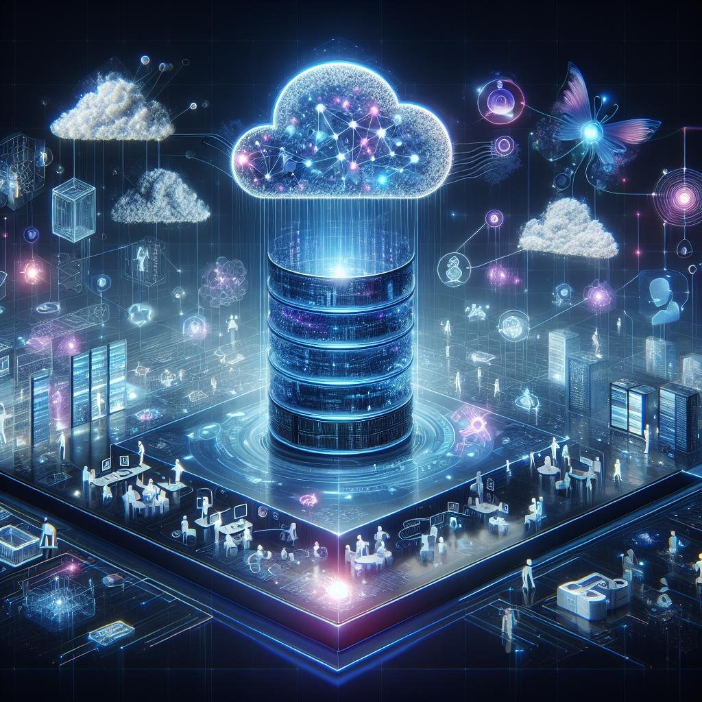 Futuristischer Sprachmodell-Server schwebt in Cloud-Infrastruktur mit digitalen Datenströmen, holografischen Visualisierungen und API-Architektur, im Hintergrund Entwickler bei Rechenclustern, in Blau- und Violetttönen gehalten.