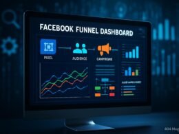 Moderner Computerbildschirm zeigt Facebook-Trichter-Dashboard mit Grafiken, Zielgruppen, Kampagnen und Analysen, im Hintergrund digitale Marketing-Icons, Credit: 404 Magazine (Tobias Hager)