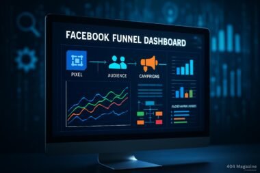 Moderner Computerbildschirm zeigt Facebook-Trichter-Dashboard mit Grafiken, Zielgruppen, Kampagnen und Analysen, im Hintergrund digitale Marketing-Icons, Credit: 404 Magazine (Tobias Hager)