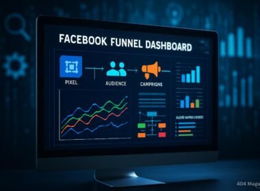 Moderner Computerbildschirm zeigt Facebook-Trichter-Dashboard mit Grafiken, Zielgruppen, Kampagnen und Analysen, im Hintergrund digitale Marketing-Icons, Credit: 404 Magazine (Tobias Hager)