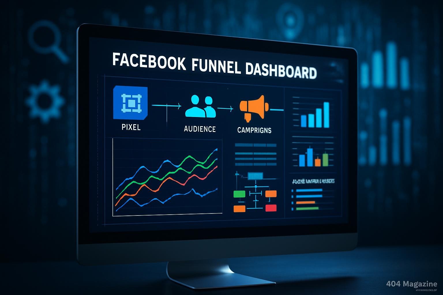 Moderner Computerbildschirm zeigt Facebook-Trichter-Dashboard mit Grafiken, Zielgruppen, Kampagnen und Analysen, im Hintergrund digitale Marketing-Icons, Credit: 404 Magazine (Tobias Hager)