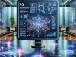 Moderner digitaler Arbeitsplatz mit einem großen Monitor, der SEO-Daten, Diagramme und KI-Netzwerke zeigt, umgeben von holografischen Datenströmen in einer futuristischen Büroumgebung.