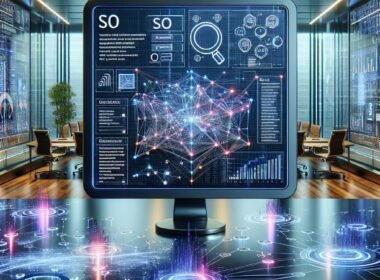 Moderner digitaler Arbeitsplatz mit einem großen Monitor, der SEO-Daten, Diagramme und KI-Netzwerke zeigt, umgeben von holografischen Datenströmen in einer futuristischen Büroumgebung.
