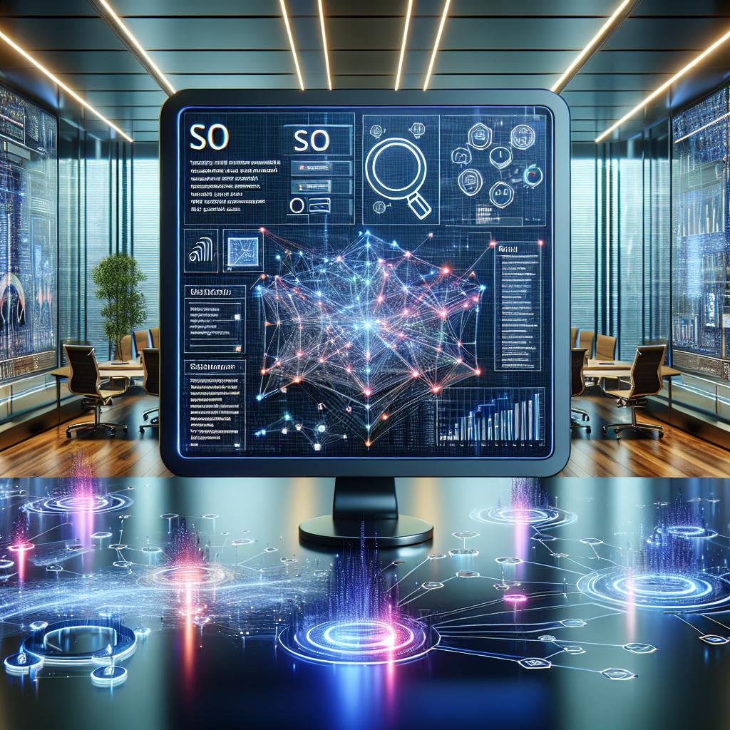 Moderner digitaler Arbeitsplatz mit einem großen Monitor, der SEO-Daten, Diagramme und KI-Netzwerke zeigt, umgeben von holografischen Datenströmen in einer futuristischen Büroumgebung.