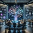 Ein hoch technisiertes Büro mit einem Marketing-Team, das um einen digitalen Konferenztisch versammelt ist, mit holografischer Projektion eines neuronalen Netzwerks und großen Monitoren im Hintergrund.