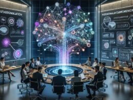 Ein hoch technisiertes Büro mit einem Marketing-Team, das um einen digitalen Konferenztisch versammelt ist, mit holografischer Projektion eines neuronalen Netzwerks und großen Monitoren im Hintergrund.