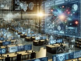 Hochtechnologisches Büro mit transparentem digitalen Tablet, holographischen Displays und visuellen Datenströmen, die KI-basierte Dokumentenverarbeitung darstellen