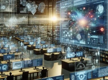 Hochtechnologisches Büro mit transparentem digitalen Tablet, holographischen Displays und visuellen Datenströmen, die KI-basierte Dokumentenverarbeitung darstellen