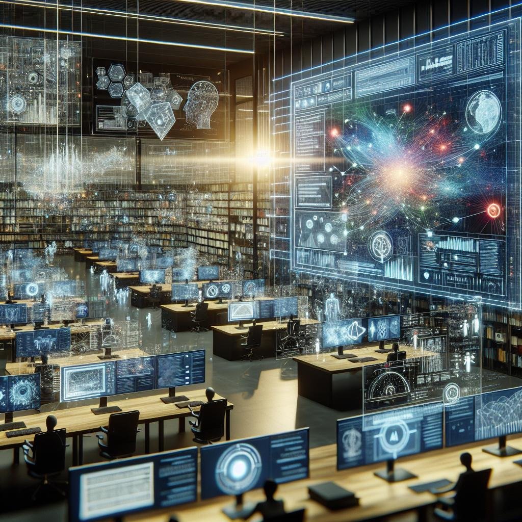Hochtechnologisches Büro mit transparentem digitalen Tablet, holographischen Displays und visuellen Datenströmen, die KI-basierte Dokumentenverarbeitung darstellen