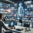 Person im futuristischen Büro mit holographischen Video-Projektionen und digitalen Datenströmen, die KI-Technologien wie NLP, GANs und TTS darstellen.