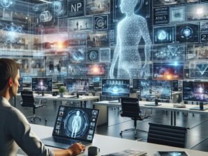 Person im futuristischen Büro mit holographischen Video-Projektionen und digitalen Datenströmen, die KI-Technologien wie NLP, GANs und TTS darstellen.