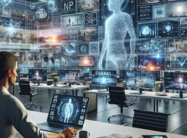 Person im futuristischen Büro mit holographischen Video-Projektionen und digitalen Datenströmen, die KI-Technologien wie NLP, GANs und TTS darstellen.