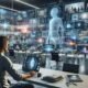 Person im futuristischen Büro mit holographischen Video-Projektionen und digitalen Datenströmen, die KI-Technologien wie NLP, GANs und TTS darstellen.