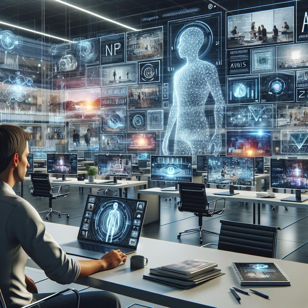 Person im futuristischen Büro mit holographischen Video-Projektionen und digitalen Datenströmen, die KI-Technologien wie NLP, GANs und TTS darstellen.
