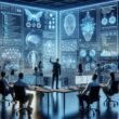 Futuristisches Büro mit Team, das an transparenten digitalen Interfaces mit KI-gestützten Code-Snippets, Netzwerkdiagrammen und Hologrammen arbeitet, bei Tageslicht mit Stadthintergrund, von Tobias Hager für 404 Magazine.