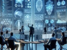 Futuristisches Büro mit Team, das an transparenten digitalen Interfaces mit KI-gestützten Code-Snippets, Netzwerkdiagrammen und Hologrammen arbeitet, bei Tageslicht mit Stadthintergrund, von Tobias Hager für 404 Magazine.