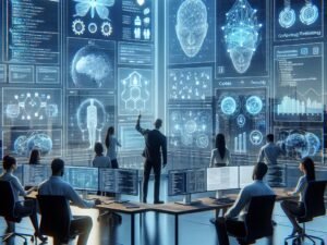 Futuristisches Büro mit Team, das an transparenten digitalen Interfaces mit KI-gestützten Code-Snippets, Netzwerkdiagrammen und Hologrammen arbeitet, bei Tageslicht mit Stadthintergrund, von Tobias Hager für 404 Magazine.
