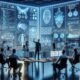 Futuristisches Büro mit Team, das an transparenten digitalen Interfaces mit KI-gestützten Code-Snippets, Netzwerkdiagrammen und Hologrammen arbeitet, bei Tageslicht mit Stadthintergrund, von Tobias Hager für 404 Magazine.