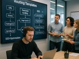 Modernes Büro mit digitalem Whiteboard, Entwickler am Laptop, Team im Hintergrund, technische Diagramme zu SEO-Strukturen