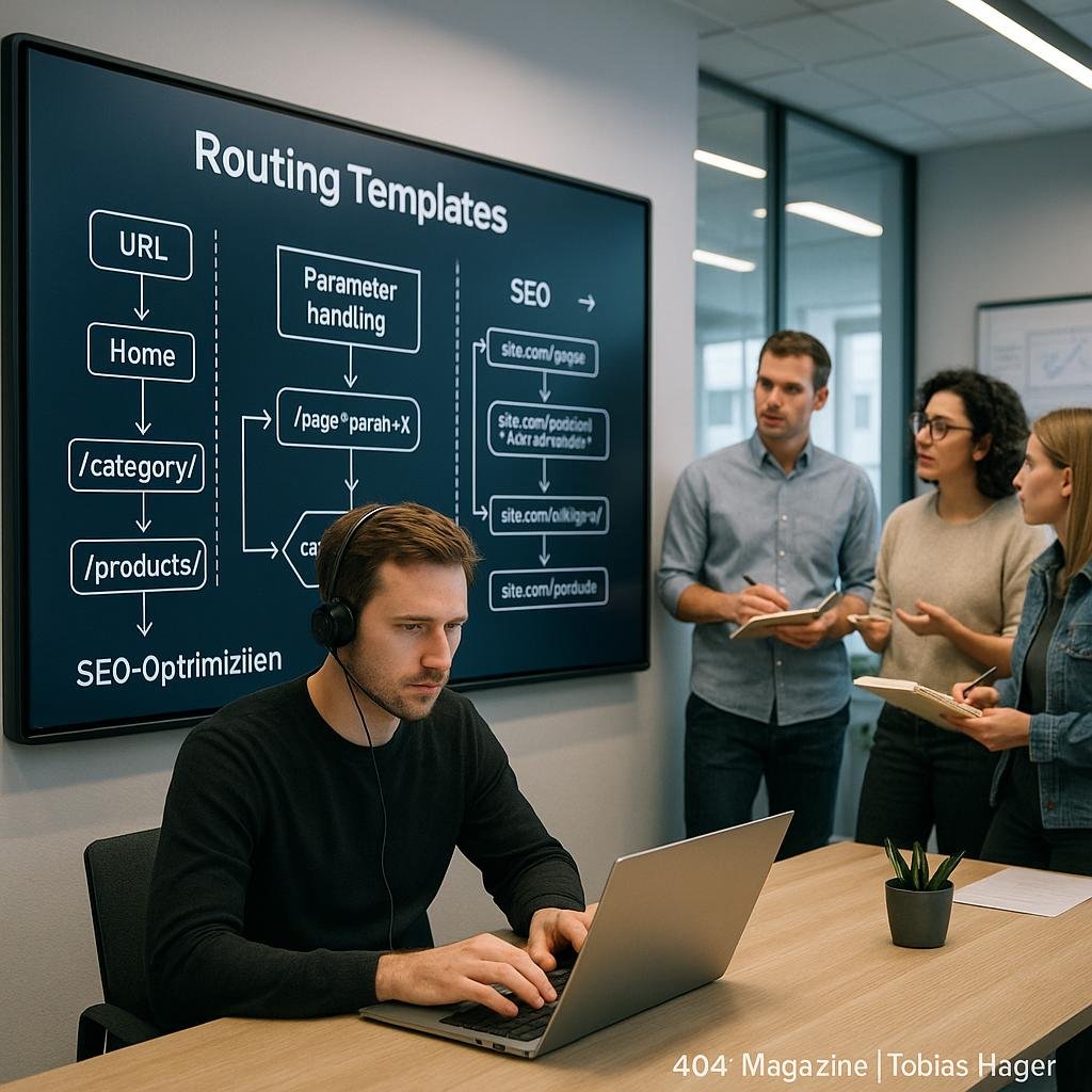 Modernes Büro mit digitalem Whiteboard, Entwickler am Laptop, Team im Hintergrund, technische Diagramme zu SEO-Strukturen
