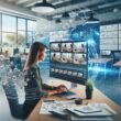 Ein moderner Arbeitsplatz mit Content-Marketer vor Laptop, großen Monitoren mit Videosequenzen und Whiteboard mit Skizzen, umgeben von Pflanzen und modernem Interieur, repräsentiert die Zukunft des digitalen Marketings.
