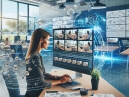Ein moderner Arbeitsplatz mit Content-Marketer vor Laptop, großen Monitoren mit Videosequenzen und Whiteboard mit Skizzen, umgeben von Pflanzen und modernem Interieur, repräsentiert die Zukunft des digitalen Marketings.