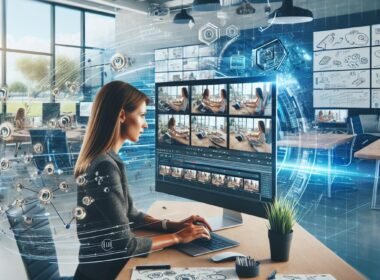 Ein moderner Arbeitsplatz mit Content-Marketer vor Laptop, großen Monitoren mit Videosequenzen und Whiteboard mit Skizzen, umgeben von Pflanzen und modernem Interieur, repräsentiert die Zukunft des digitalen Marketings.