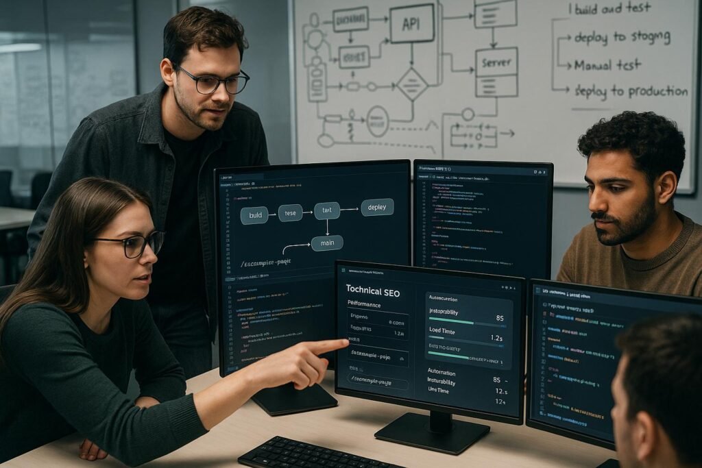 Entwicklungsteam in einem High-Tech-Büro, das an mehreren Monitoren Code, Deployment-Pipelines und SEO-Diagramme zeigt, mit Whiteboards voller Flussdiagramme