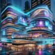 Futuristisches Hotel mit schimmernder Fassade, Neonleuchten und holographischen Displays in einer lebendigen Stadt bei Nacht