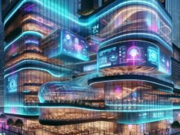 Futuristisches Hotel mit schimmernder Fassade, Neonleuchten und holographischen Displays in einer lebendigen Stadt bei Nacht