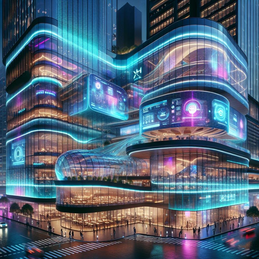 Futuristisches Hotel mit schimmernder Fassade, Neonleuchten und holographischen Displays in einer lebendigen Stadt bei Nacht
