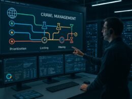 Techniker im Kontrollzentrum zeigt auf eine interaktive Bildschirmwand mit farbigen Linien und Symbolen, im Hintergrund Server-Racks und Netzwerktechnik, vermittelt technische Präzision beim Crawl-Management.