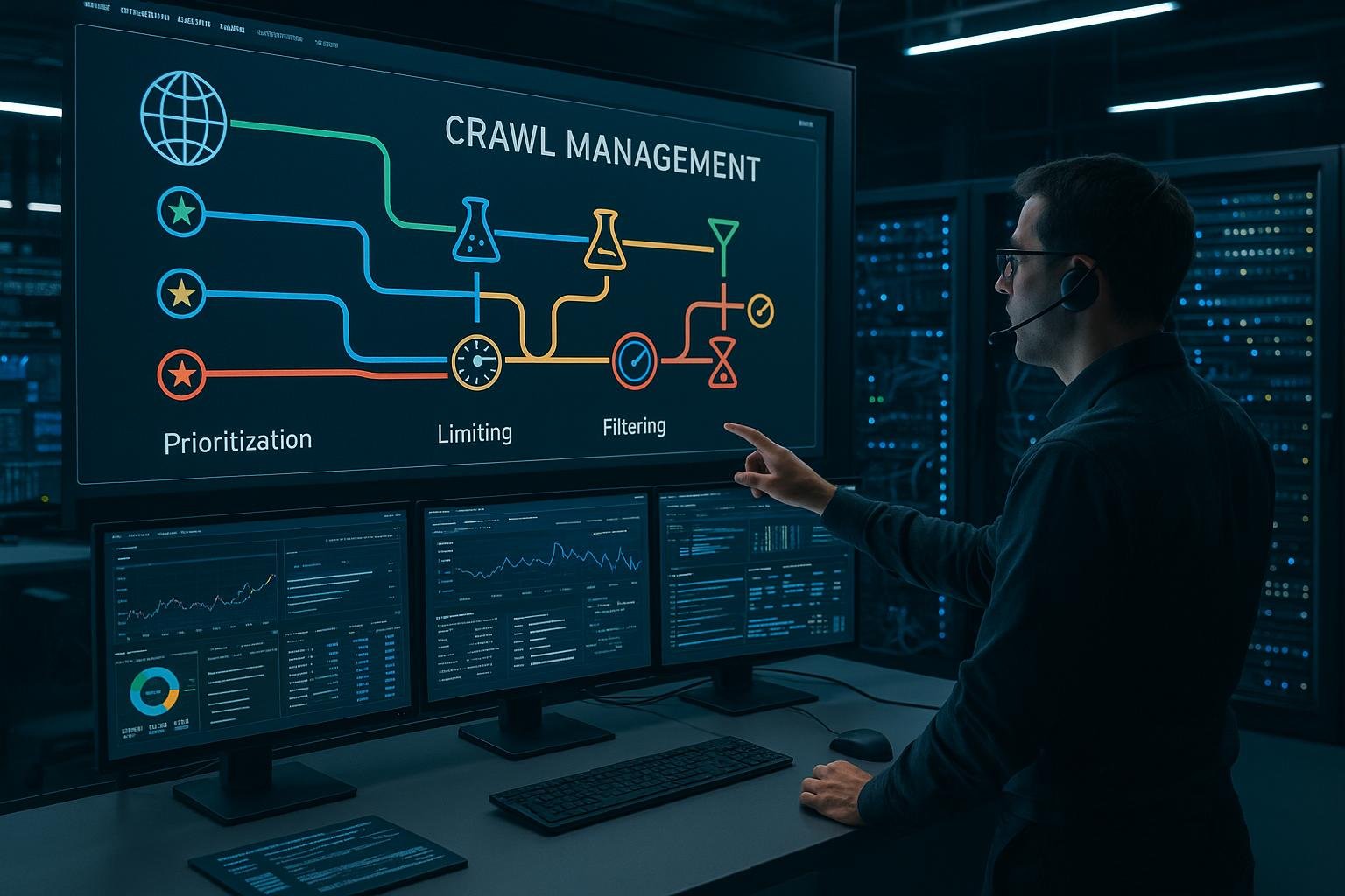 Techniker im Kontrollzentrum zeigt auf eine interaktive Bildschirmwand mit farbigen Linien und Symbolen, im Hintergrund Server-Racks und Netzwerktechnik, vermittelt technische Präzision beim Crawl-Management.