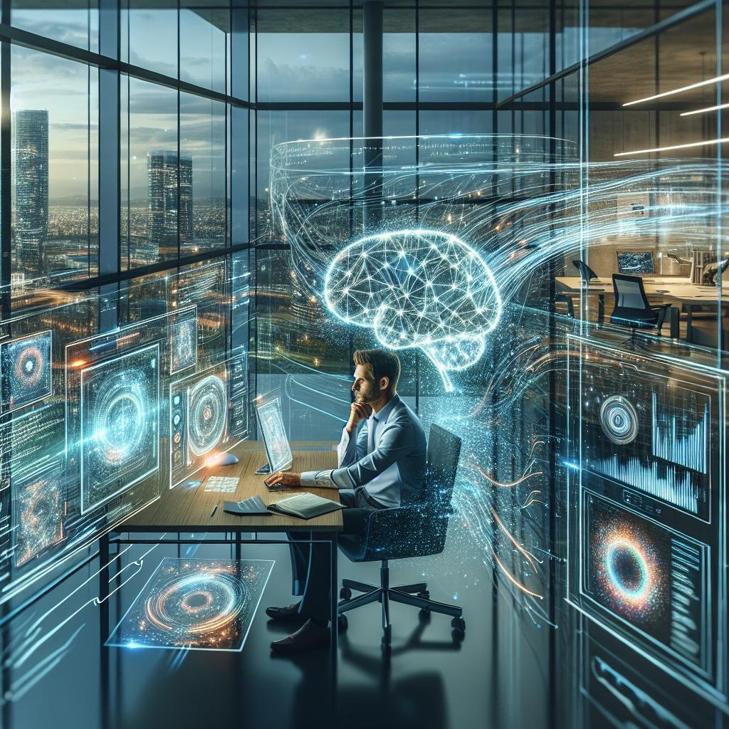 Ein moderner Arbeitsplatz mit einem Marketingexperten, der holografische Bildschirme und ein transparentes Tablet nutzt, umgeben von futuristischer Stadt bei Tag, mit Fokus auf KI und Datenanalyse.