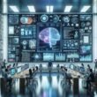 Futuristische Arbeitsumgebung mit Book AI-Technologie, digitalem Team, holografischen Buchcovern und Datenvisualisierungen im modernen Büro.