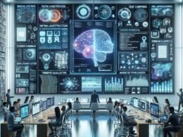 Futuristische Arbeitsumgebung mit Book AI-Technologie, digitalem Team, holografischen Buchcovern und Datenvisualisierungen im modernen Büro.