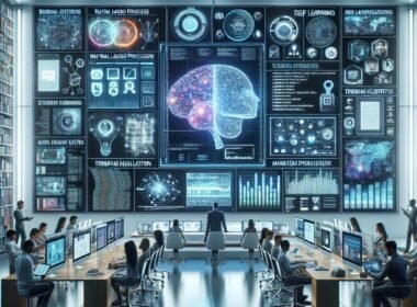 Futuristische Arbeitsumgebung mit Book AI-Technologie, digitalem Team, holografischen Buchcovern und Datenvisualisierungen im modernen Büro.
