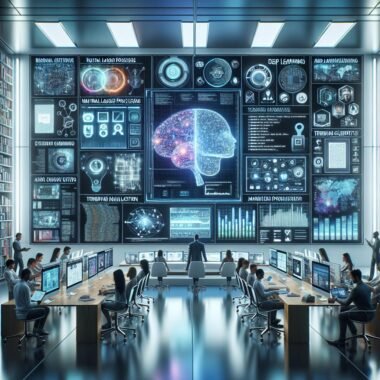 Futuristische Arbeitsumgebung mit Book AI-Technologie, digitalem Team, holografischen Buchcovern und Datenvisualisierungen im modernen Büro.