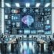 Futuristische Arbeitsumgebung mit Book AI-Technologie, digitalem Team, holografischen Buchcovern und Datenvisualisierungen im modernen Büro.