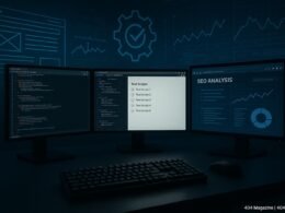 Arbeitsplatz eines Entwicklers mit mehreren Monitoren, die Code, Testskripte und Webseitenanalysen zeigen, im Hintergrund digitale Strukturen, Automatisierungssymbole und Graphen.