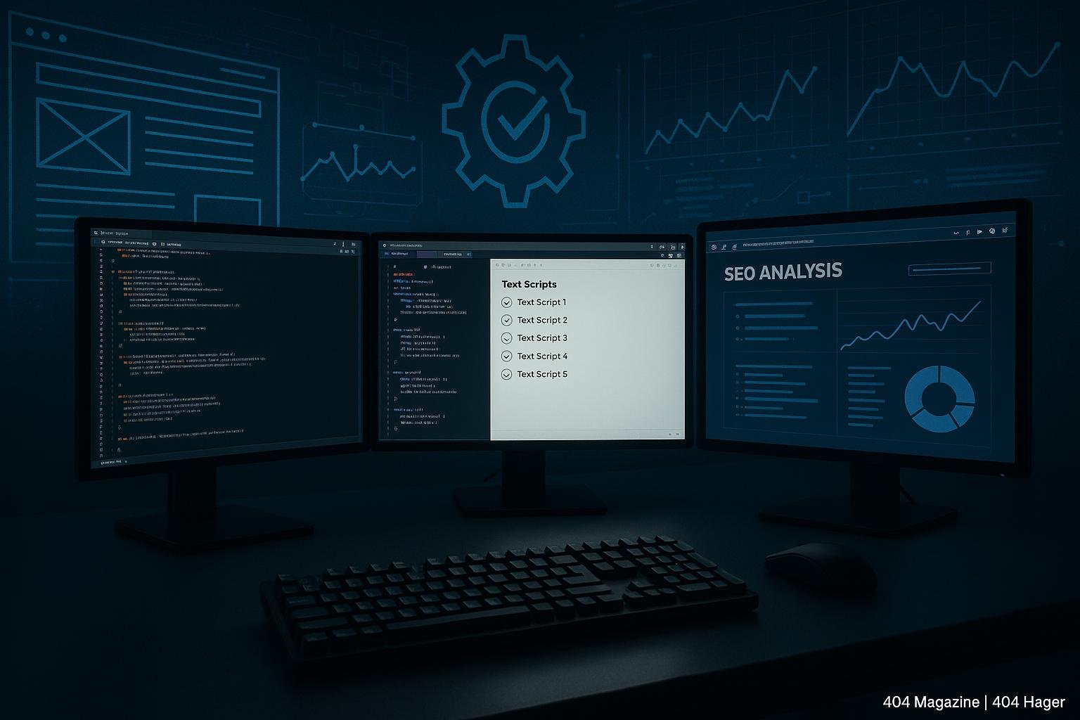 Arbeitsplatz eines Entwicklers mit mehreren Monitoren, die Code, Testskripte und Webseitenanalysen zeigen, im Hintergrund digitale Strukturen, Automatisierungssymbole und Graphen.